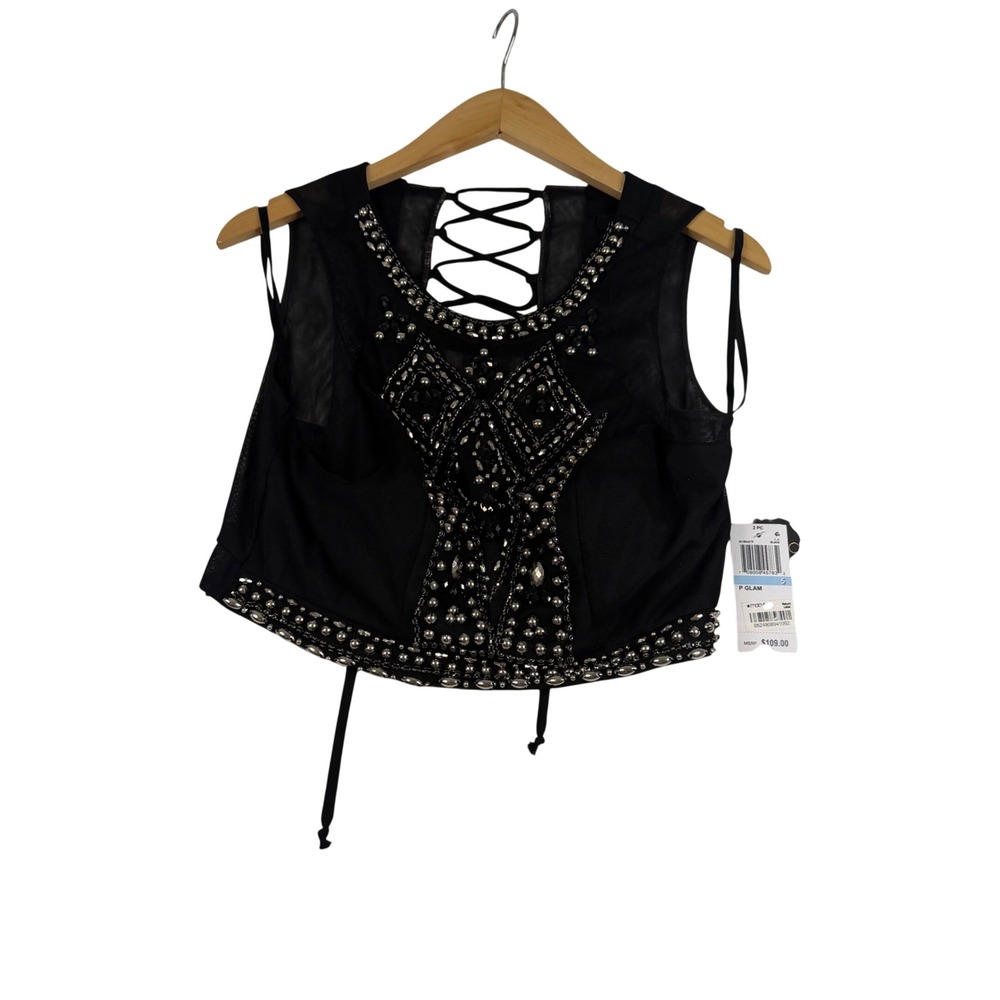 City Studio Black Mesh Embellished Crop Top Lace Up Back Studded Rhinestone Sz 5
